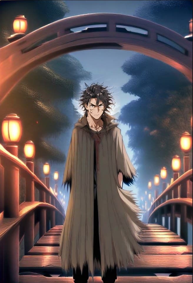 Manga panel 1 — Riven Hale alone on a lantern-lit wooden bridge at night, same cast identity