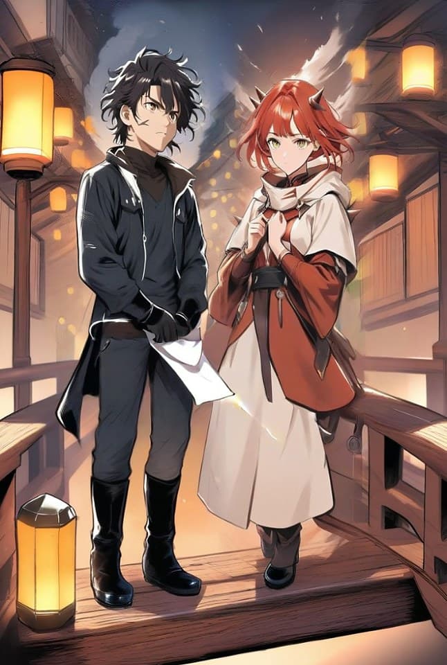 Manga panel 3 — Sera and Riven on the lantern bridge after the letter handoff, continuity across the beat