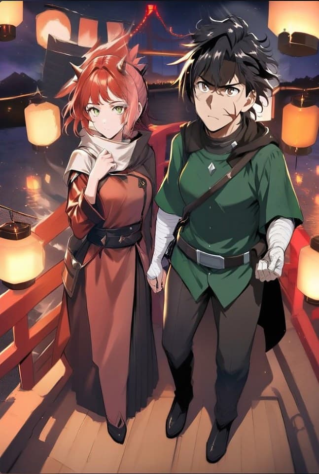 Manga panel 4 — Sera Quinn and Riven Hale walking the lantern bridge together, faces still on-model