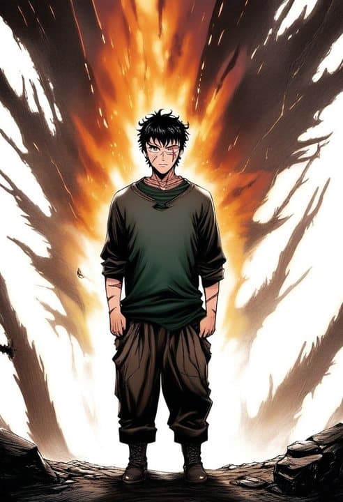 Riven Hale character reference — scarred dark-haired hero in worn green clothes, used for consistent AI manga panels