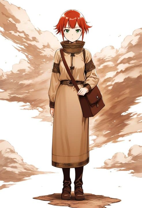 Sera Quinn character reference — copper-red hair, tan tunic and satchel, used for consistent AI manga panels